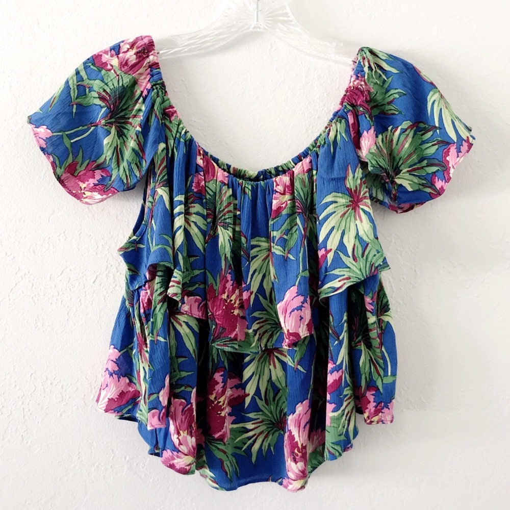 Topshop Blue Tropical Floral Off Shoulder Crop Top